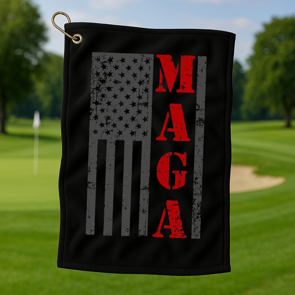 Maga Flag Gray And Red Distressed American Flag Golf Towel