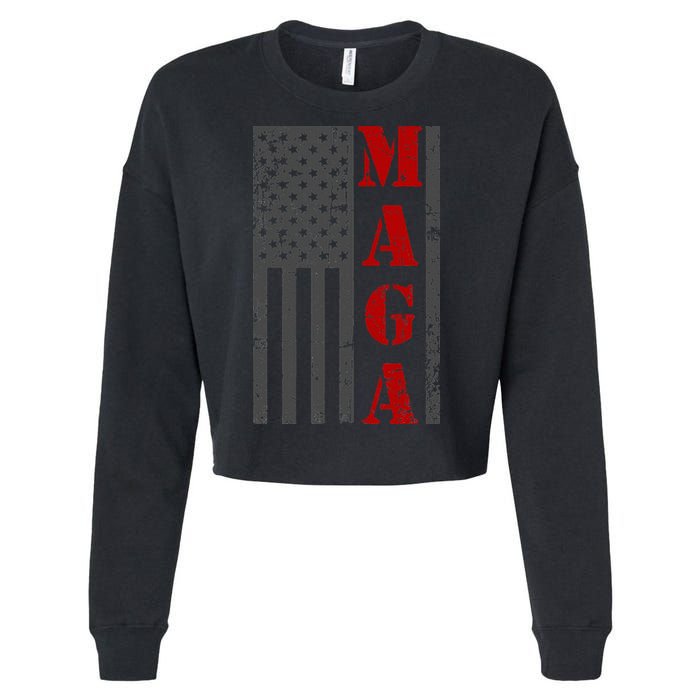 Maga Flag Gray And Red Distressed American Flag Cropped Pullover Crew