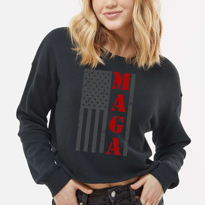 Maga Flag Gray And Red Distressed American Flag Cropped Pullover Crew