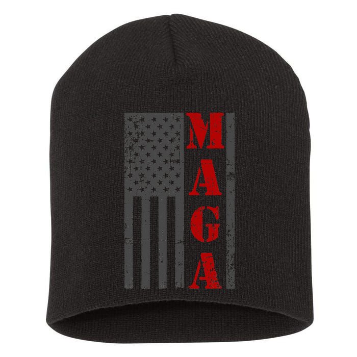 Maga Flag Gray And Red Distressed American Flag Short Acrylic Beanie