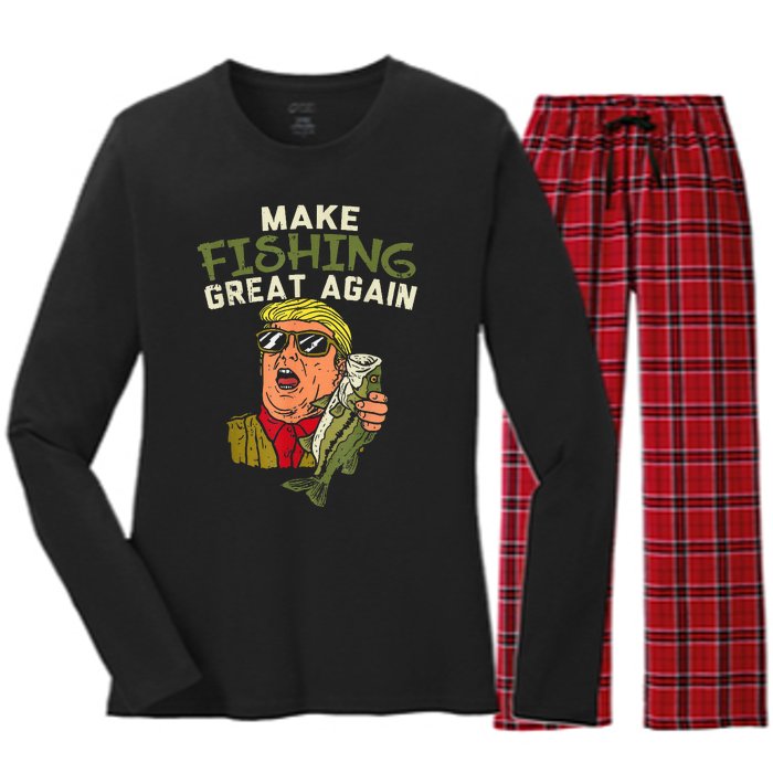 Make Fishing Great Again Trump Funny Fisherman Angler Gift Women's Long Sleeve Flannel Pajama Set 