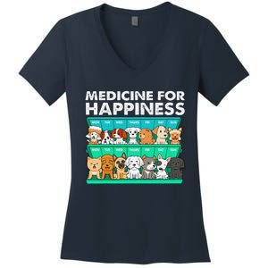 Medicine For Happiness Puppy Lover Dog Owner Cute Dogs Women's V-Neck T-Shirt