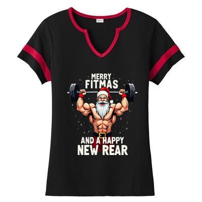 Merry Fitmas Happy New Rear Santa Deadlift Bodybuilder Xmas Ladies Halftime Notch Neck Tee