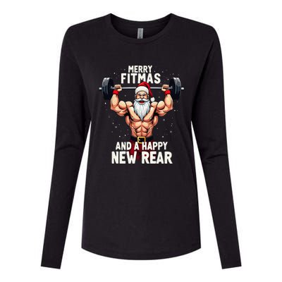 Merry Fitmas Happy New Rear Santa Deadlift Bodybuilder Xmas Womens Cotton Relaxed Long Sleeve T-Shirt