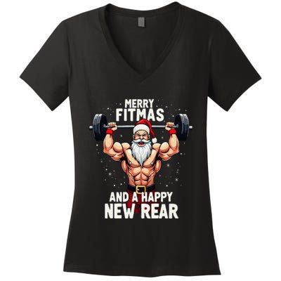 Merry Fitmas Happy New Rear Santa Deadlift Bodybuilder Xmas Women's V-Neck T-Shirt