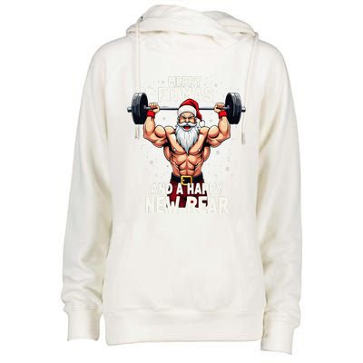 Merry Fitmas Happy New Rear Santa Deadlift Bodybuilder Xmas Womens Funnel Neck Pullover Hood