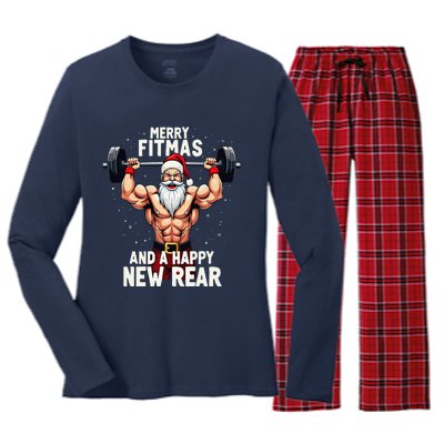 Merry Fitmas Happy New Rear Santa Deadlift Bodybuilder Xmas Women's Long Sleeve Flannel Pajama Set 