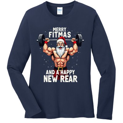 Merry Fitmas Happy New Rear Santa Deadlift Bodybuilder Xmas Ladies Long Sleeve Shirt