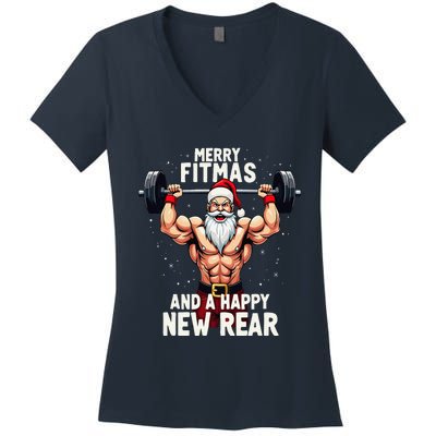 Merry Fitmas Happy New Rear Santa Deadlift Bodybuilder Xmas Women's V-Neck T-Shirt