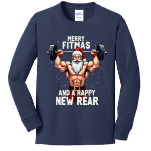 Merry Fitmas Happy New Rear Santa Deadlift Bodybuilder Xmas Kids Long Sleeve Shirt