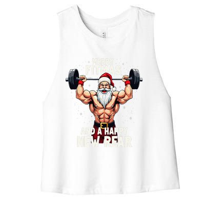 Merry Fitmas Happy New Rear Santa Deadlift Bodybuilder Xmas Women's Racerback Cropped Tank