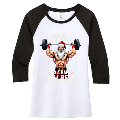 Merry Fitmas Happy New Rear Santa Deadlift Bodybuilder Xmas Women's Tri-Blend 3/4-Sleeve Raglan Shirt