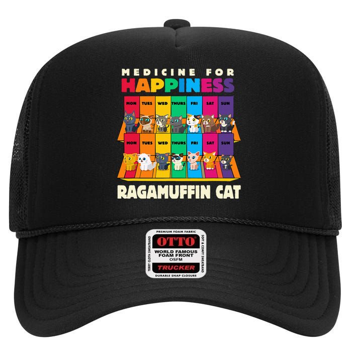 Medicine For Happiness Ragamuffin Cat Funny Ragdoll Cat High Crown Mesh Back Trucker Hat