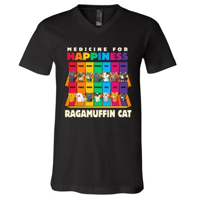 Medicine For Happiness Ragamuffin Cat Funny Ragdoll Cat V-Neck T-Shirt