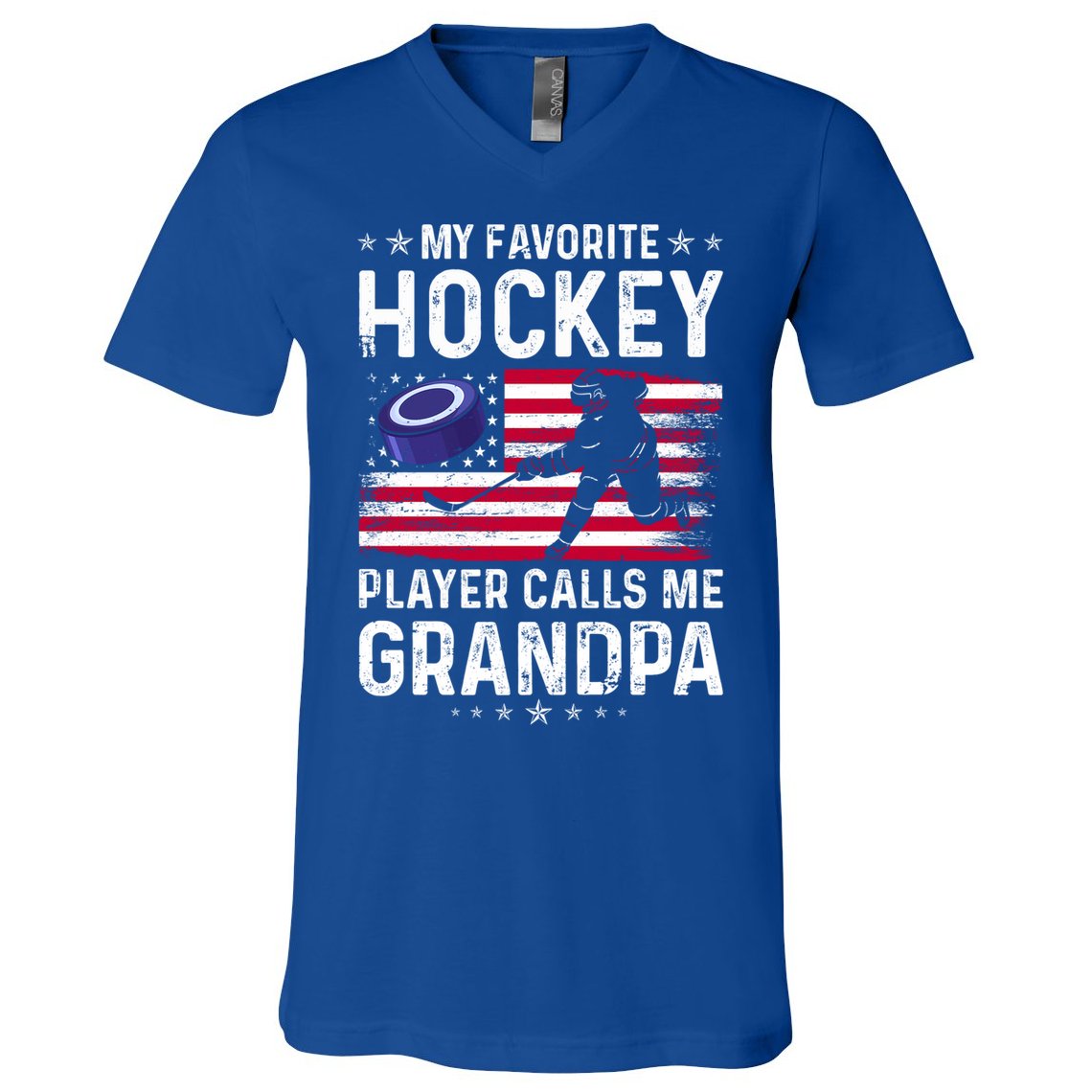 My Favorite Hockey Player Calls Me Grandpa American Flag Gift V-Neck T-Shirt