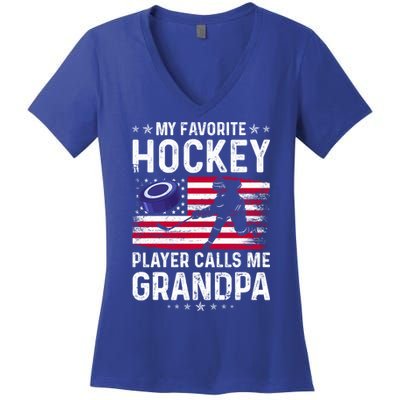 My Favorite Hockey Player Calls Me Grandpa American Flag Gift Women's V-Neck T-Shirt