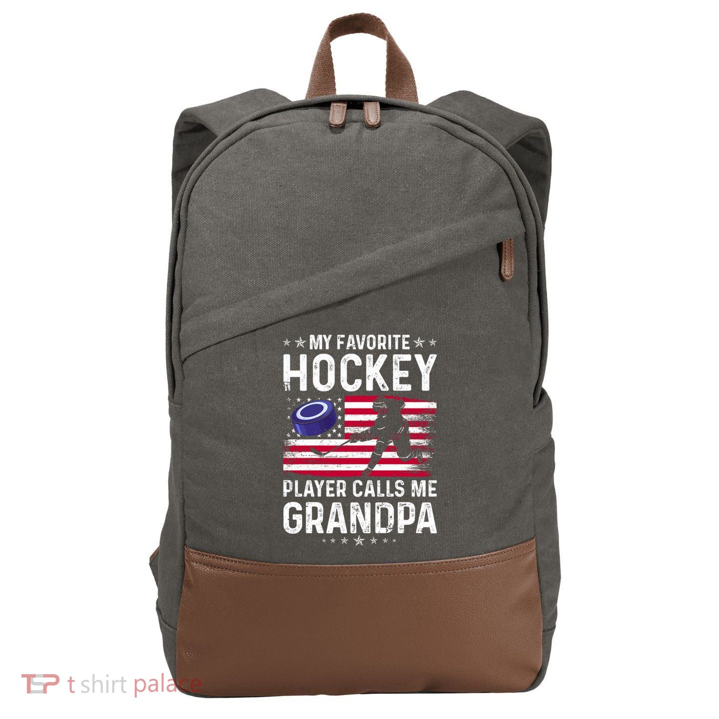 My Favorite Hockey Player Calls Me Grandpa American Flag Gift Cotton Canvas Backpack