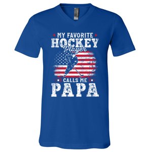 My Favorite Hockey Player Calls Me Papa Fathers Day Gift V-Neck T-Shirt