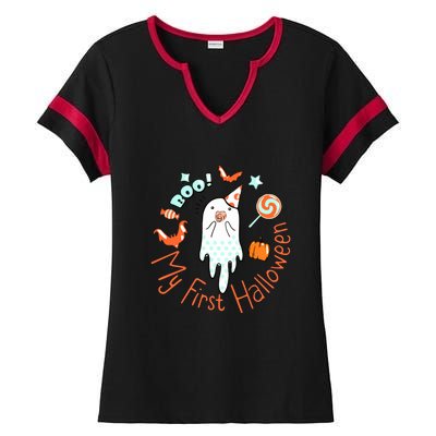 My First Halloween Cute Ghost Boho Baby Gift Ladies Halftime Notch Neck Tee