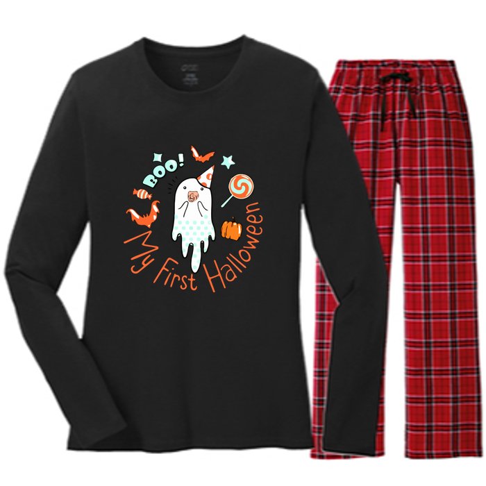 My First Halloween Cute Ghost Boho Baby Gift Women's Long Sleeve Flannel Pajama Set 