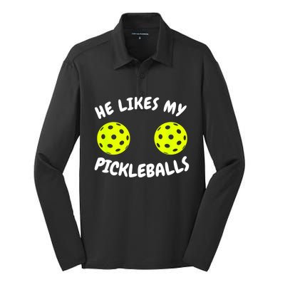 Matching Family He Likes My Pickleballs Couple Pickleball Gift Silk Touch Performance Long Sleeve Polo