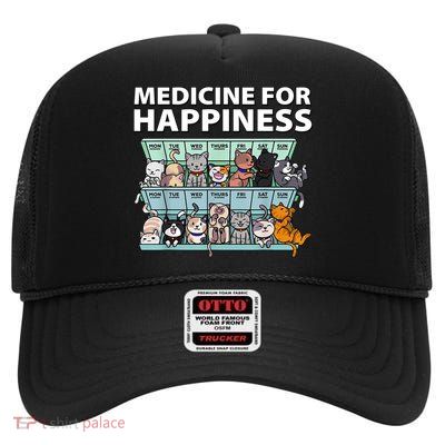 Medicine For Happiness Funny Cat Lover High Crown Mesh Back Trucker Hat