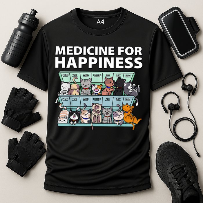 Medicine For Happiness Funny Cat Lover Cooling Performance Crew T-Shirt