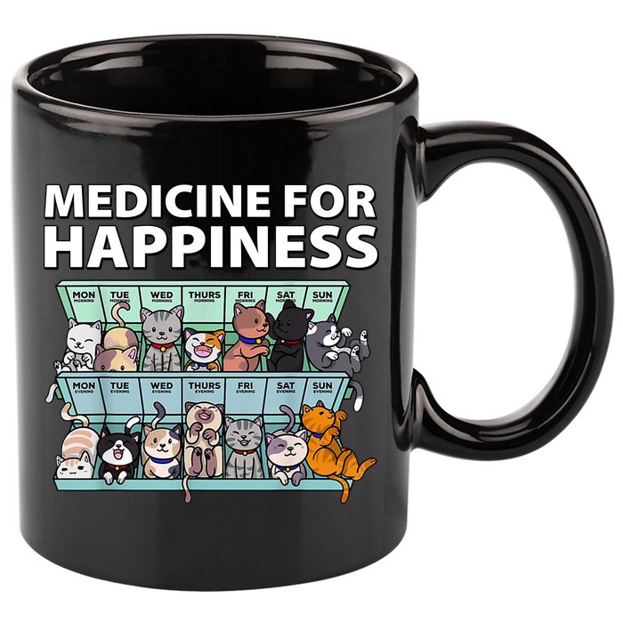 Medicine For Happiness Funny Cat Lover 11oz C Handle Ceramic Mug