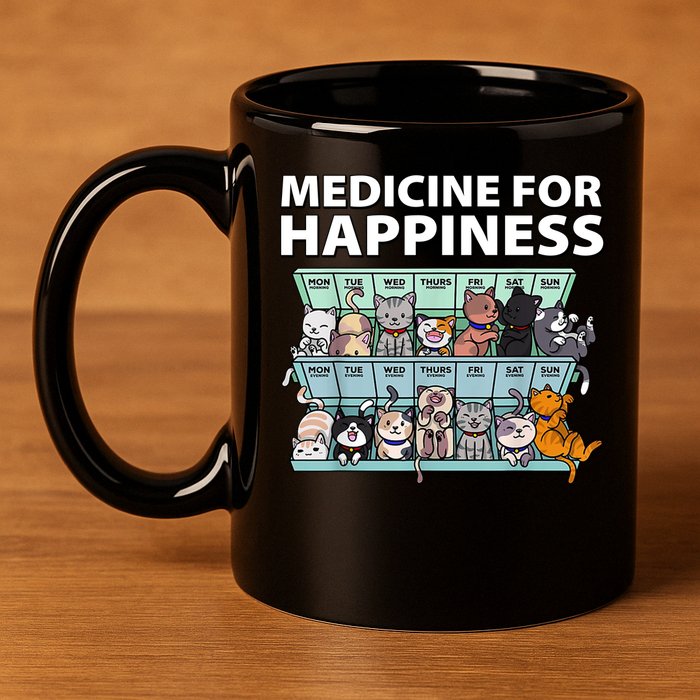 Medicine For Happiness Funny Cat Lover 11oz C Handle Ceramic Mug