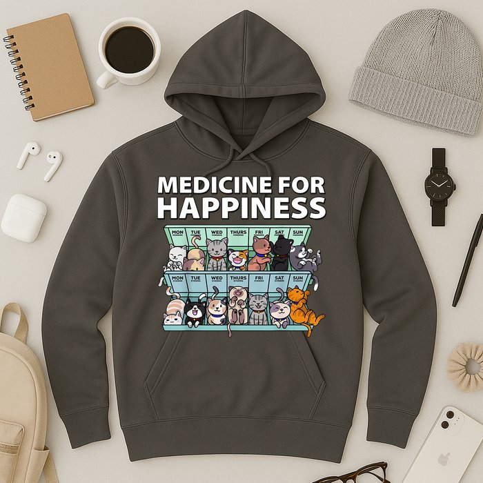 Medicine For Happiness Funny Cat Lover Hoodie