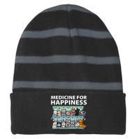 Medicine For Happiness Funny Cat Lover Striped Beanie with Solid Band