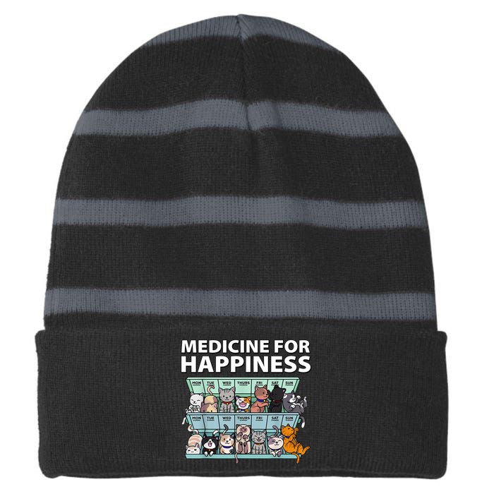 Medicine For Happiness Funny Cat Lover Striped Beanie with Solid Band