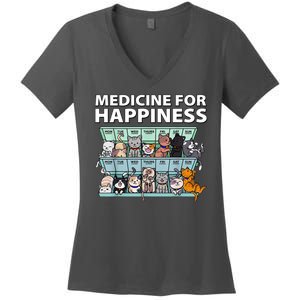 Medicine For Happiness Funny Cat Lover Women's V-Neck T-Shirt