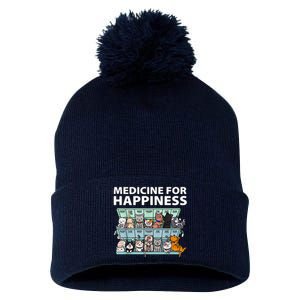 Medicine For Happiness Funny Cat Lover Pom Pom 12in Knit Beanie