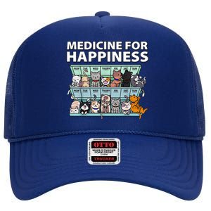 Medicine For Happiness Funny Cat Lover High Crown Mesh Back Trucker Hat