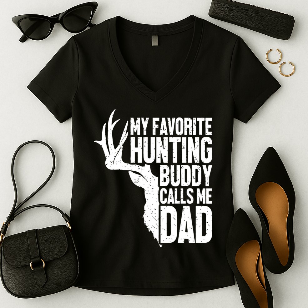 My Favorite Hunting Buddy Calls Me Dad Fathers Day Gift Women's V-Neck T-Shirt