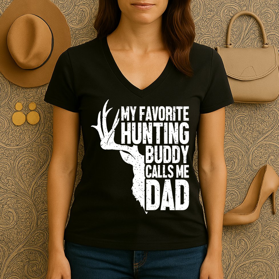 My Favorite Hunting Buddy Calls Me Dad Fathers Day Gift Women's V-Neck T-Shirt