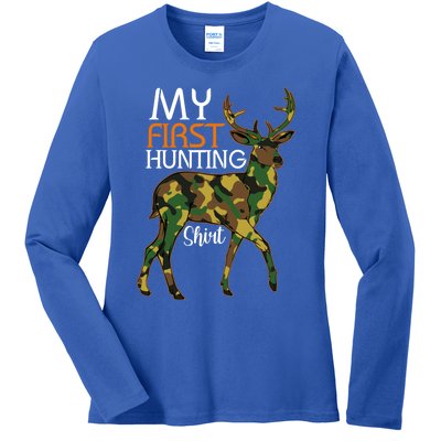 My First Hunting Funny Gift Fathers Day Deer Hunter Dad Husband Gift Ladies Long Sleeve Shirt