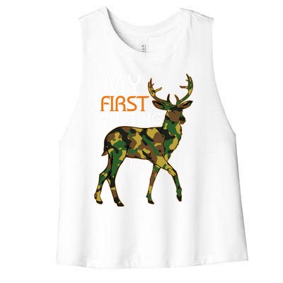 My First Hunting Funny Gift Fathers Day Deer Hunter Dad Husband Gift Women's Racerback Cropped Tank