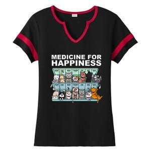 Medicine For Happiness Cat Lover Funny Ladies Halftime Notch Neck Tee