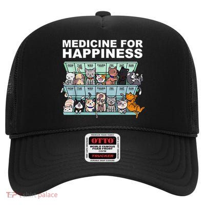 Medicine For Happiness Cat Lover Funny High Crown Mesh Back Trucker Hat