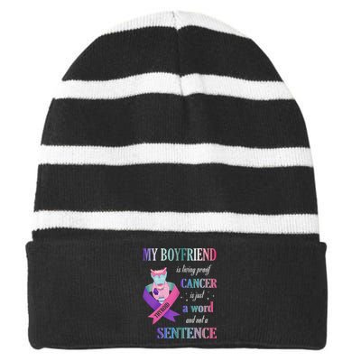 My Friend Living Proof Cancer Just A Word Not A Sentence Striped Beanie with Solid Band