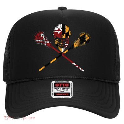 Maryland Flag Lacrosse College LAX Stick High Crown Mesh Back Trucker Hat