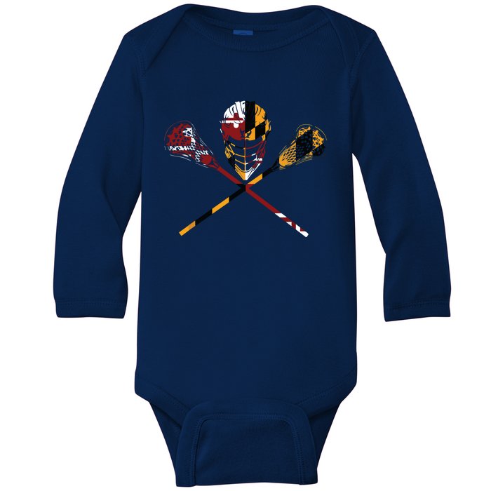 Maryland Flag Lacrosse College LAX Stick Baby Long Sleeve Bodysuit