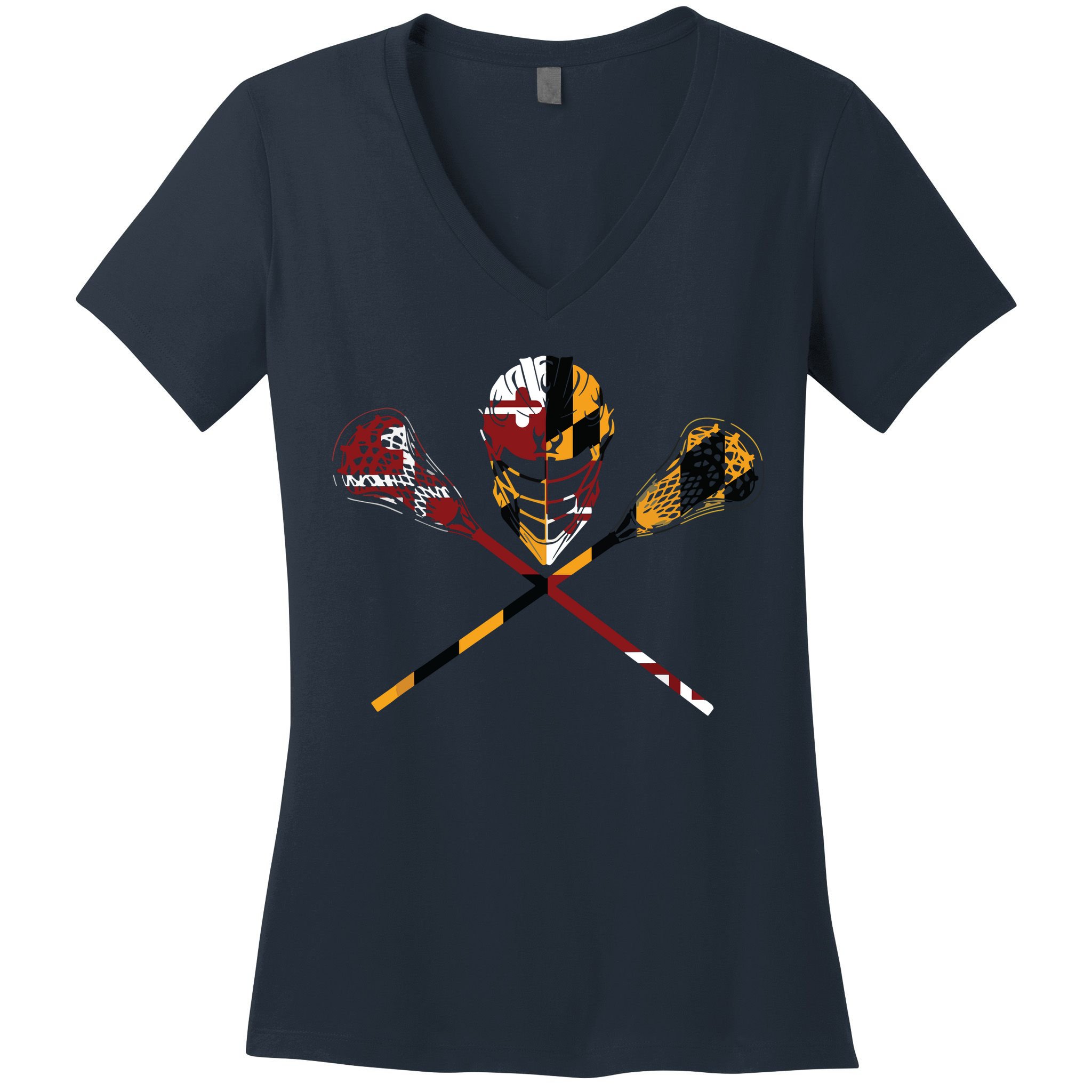 Maryland Flag Lacrosse College LAX Stick Women's V-Neck T-Shirt