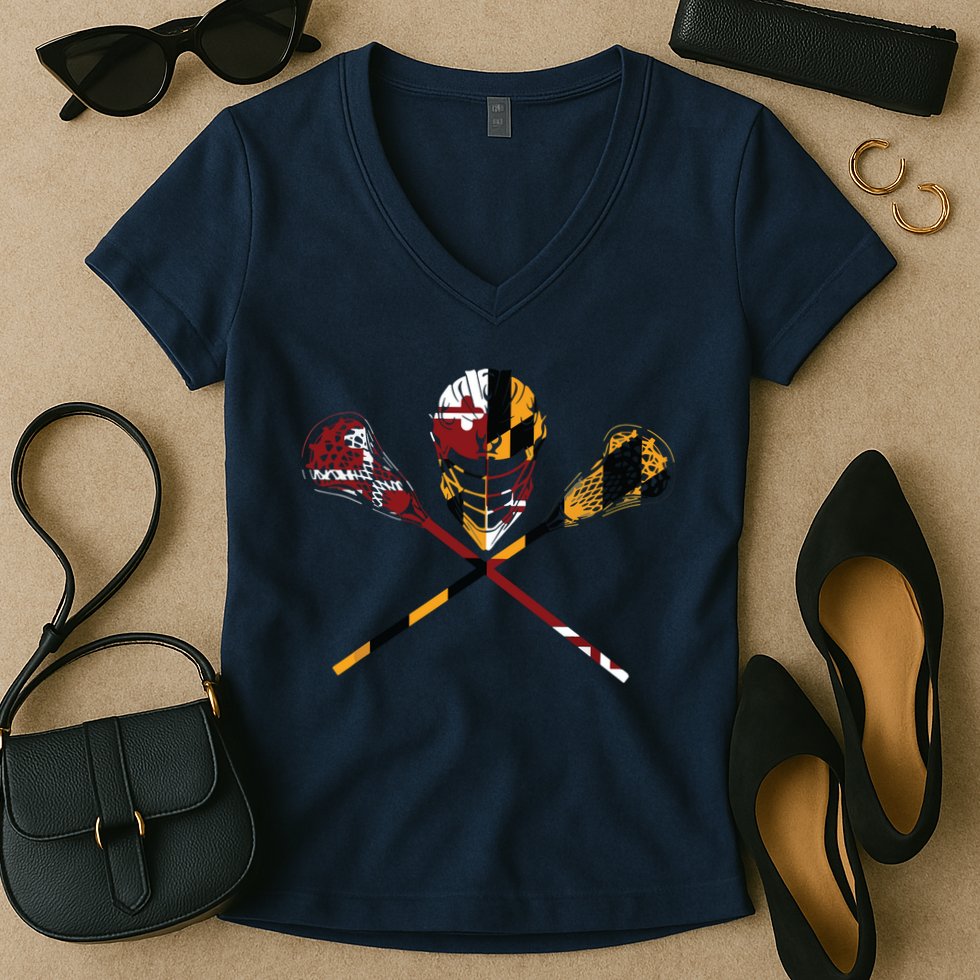 Maryland Flag Lacrosse College LAX Stick Women's V-Neck T-Shirt