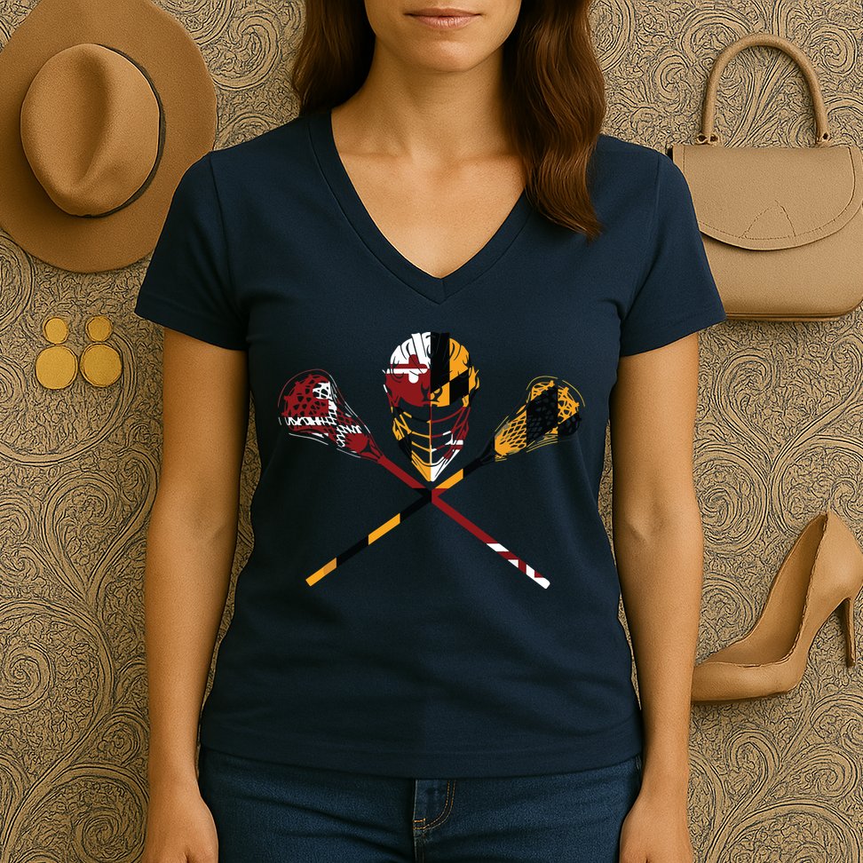 Maryland Flag Lacrosse College LAX Stick Women's V-Neck T-Shirt