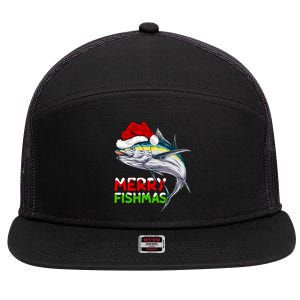 Merry Fishmas Lighting Santa Tuna Fish Fishing Christmas 7 Panel Mesh Trucker Snapback Hat