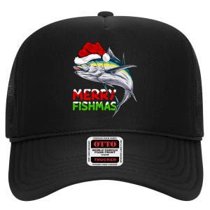 Merry Fishmas Lighting Santa Tuna Fish Fishing Christmas High Crown Mesh Back Trucker Hat