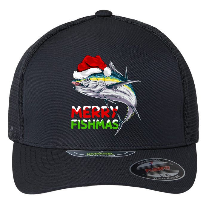 Merry Fishmas Lighting Santa Tuna Fish Fishing Christmas Flexfit Unipanel Trucker Cap